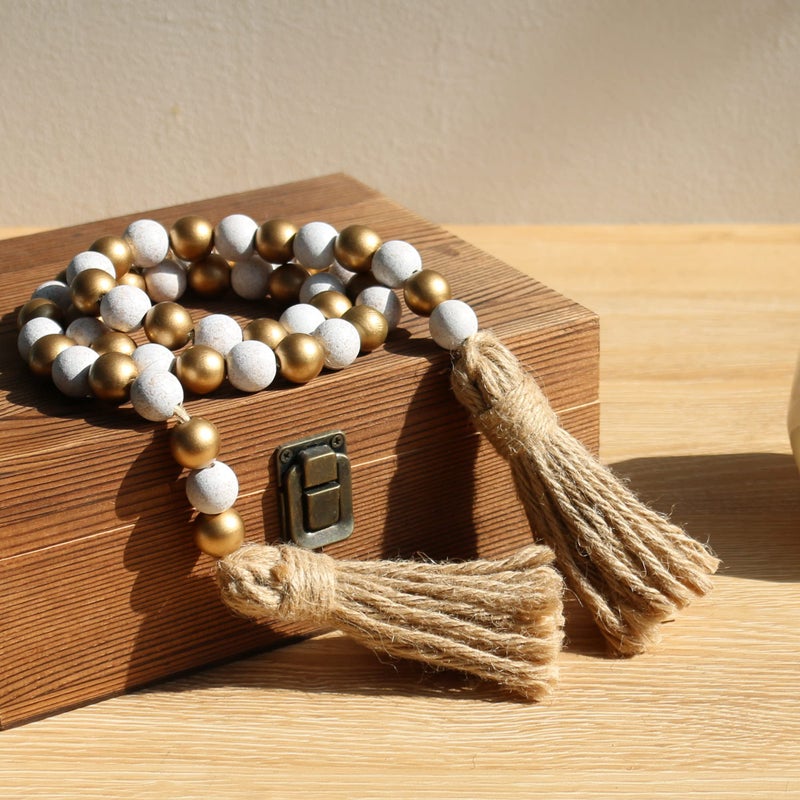 Meplait Wood Bead Garland 39in Farmhouse Beads with Tassels Boho beads for Tiered Tray decorative beads home decor(Gold & Wash White) - Image 3